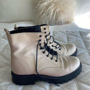 Cream Leather L’intervalle Combat Boots with Black Laces